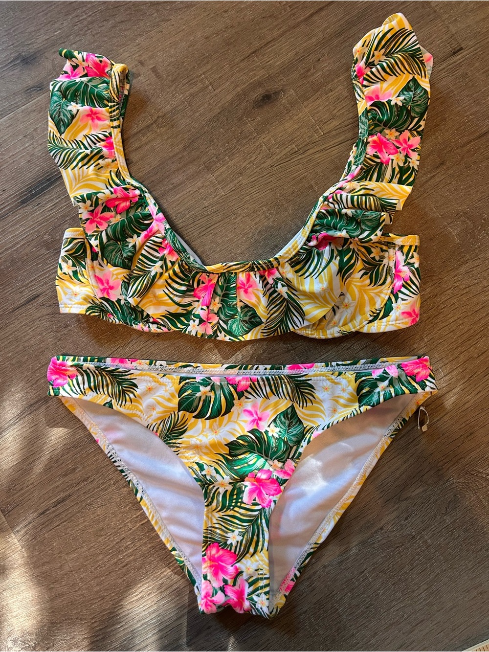 Cabana del Sol Bikini Set Womens Size S Tropical Floral Ruffle 2 Piece